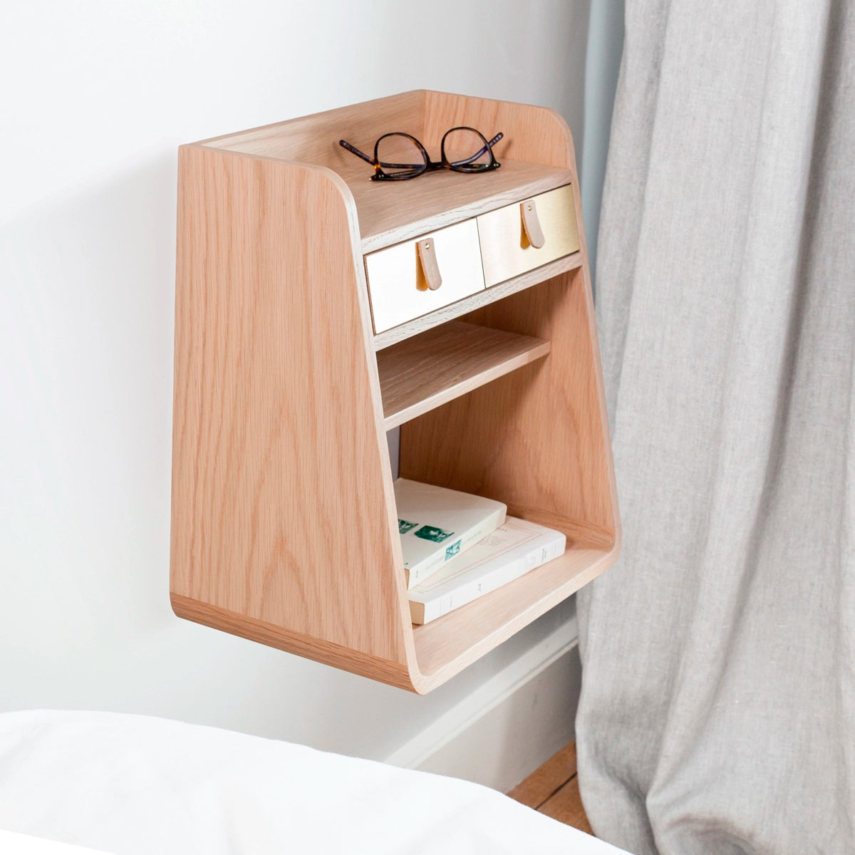 Suzon wall-mounted bedside table, oak, brushed brass drawer